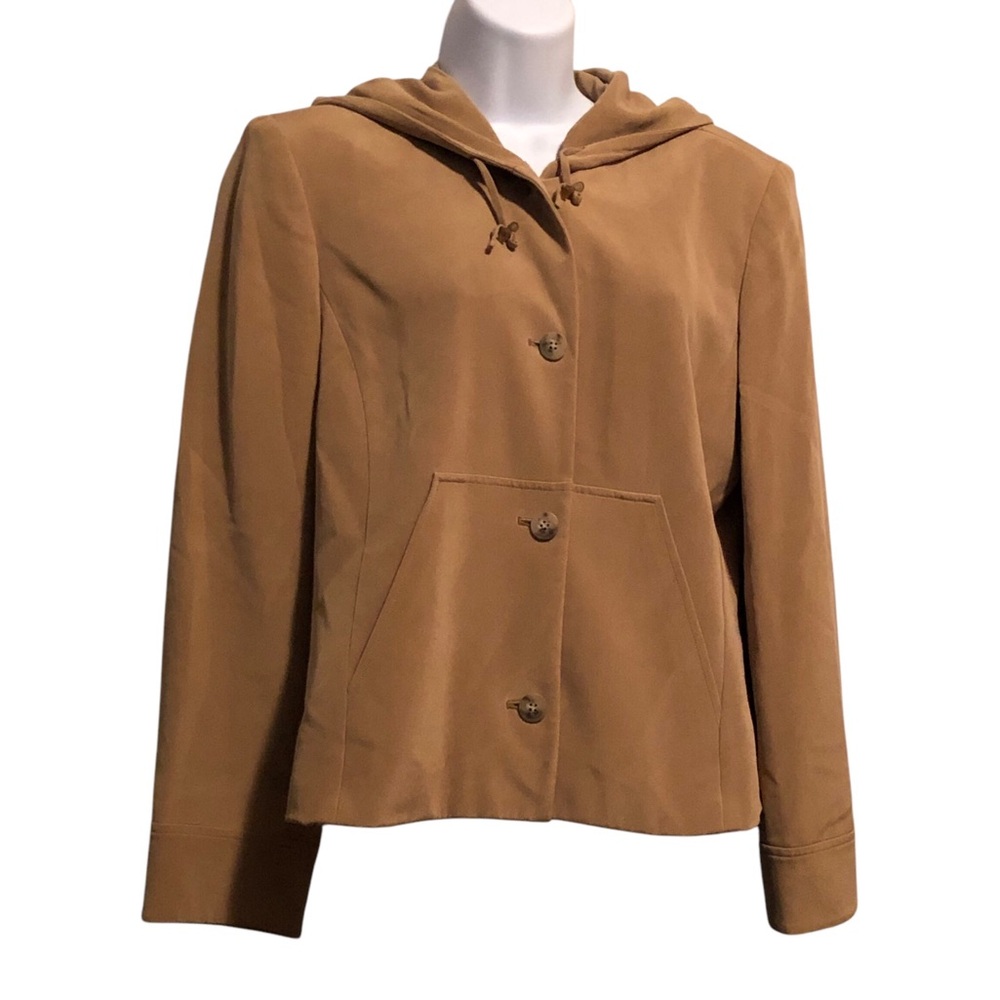 LIZ CLAIBORNE COLLECTION - Women’s Silk Khaki Hooded Buttoned Jacket‎ - Size 14P